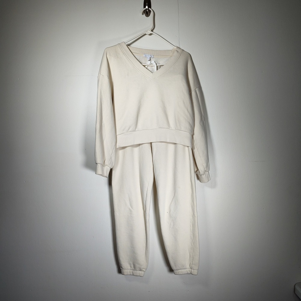 Beyond Yoga Womens 2 Piece Lounge Set Cream V-Neck Crop Sweatshirt Joggers Small